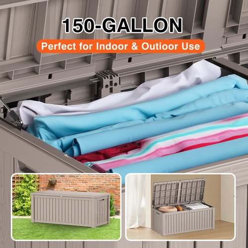 FULOL4CASA 150 Gallon Outdoor Storage Cabinet, Large Outdoor Storage Box for Patio Furniture Covers, Cushion Pillows, Waterproof Deck Box with Lockable Lid for Garden Tools, Pool Accessories, Taupe