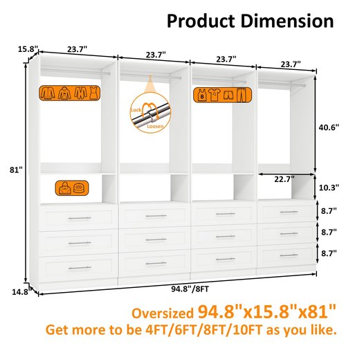 Closet System with Wooden Drawers, 8FT Closet Organize System with Drawers & Hanging Rods &for Walk in Closets, 4PCS*24" Freestanding Closet System, White(8FT)