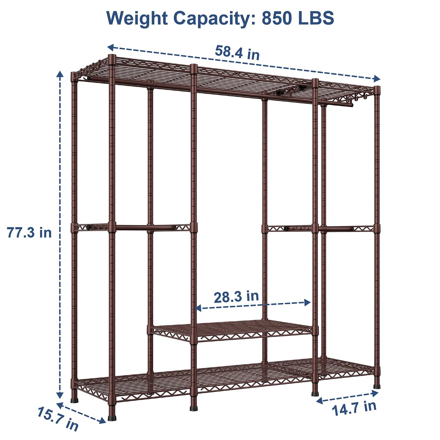 Ulif E3 Heavy Duty Garment Rack, 4 Tiers Freestanding Closet Organizer System with 5 Shelves, Metal Closet Organizer and Storage System for Clothes, Max Load 850lbs, 58.4"W x 15.7"D x 77.3"H, Bronze