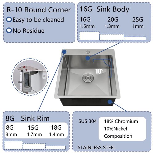 18x18 Inch Bar Sink Drop In Kitchen Sink, Topmount Stainless Steel Square Small Workstation Sinks, Single Bowl Kitchen Sinks for Laundry Wet Bar Prep RV Office Outdoor Yard