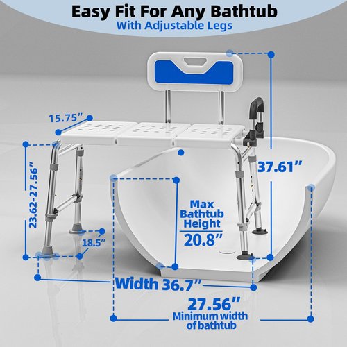 Heavy Duty Bath and Shower Bench with Adjustable Height and Reversible backrest - Handicap Shower Chair for Elderly and Disabled, Sliding Shower Chair, Bathtub Chair for Inside tub