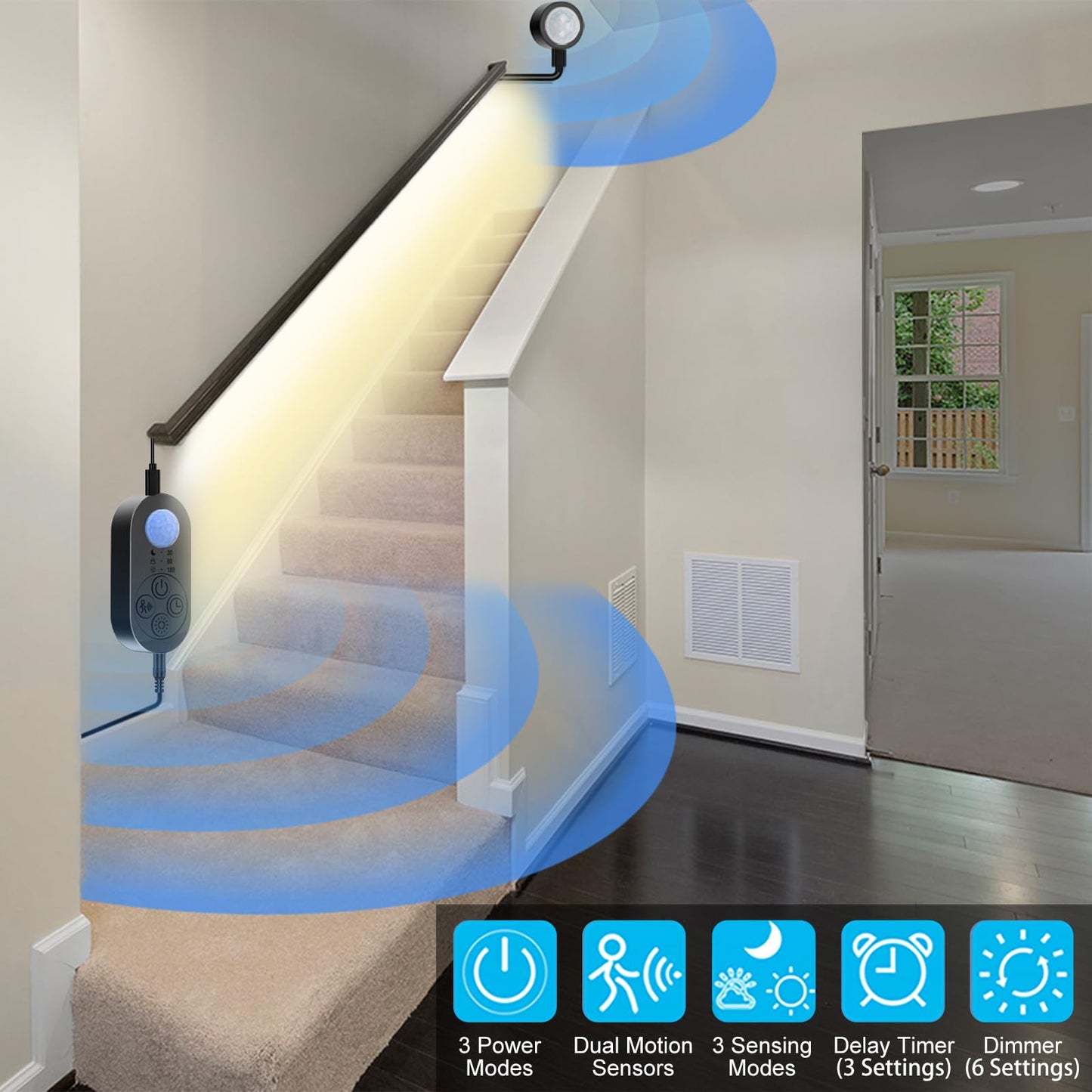NIVOTA Dual Motion Sensor Light Indoor - Plug-in Motion Activated Step Light Strip with Double Motion Sensors, Dimmer, and Timer for Stairway, Bedroom, Corridor - Warm White 3000K, 16.4FT, 150 LEDs