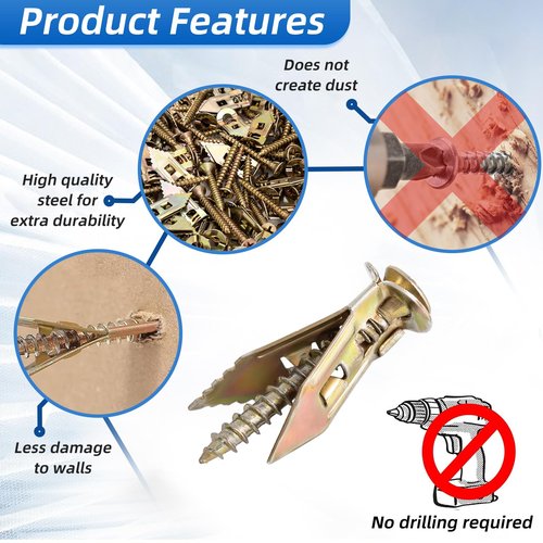 180 PCS Self-Drilling Drywall Anchors KIT - 90 Metal Winged Zinc Plated Drywall Anchors and 90 Screws for Sheetrock, Gypsum Board, Hollow Walls - No Drill Needed