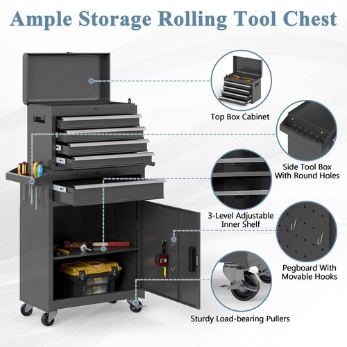 HOWSVN Tool Chest, 5 Drawers Rolling Tool Cabinet, Removable Cabinet Storage Tool Box with Universal Lockable Wheels, Lock Bar, Metal Tool Storage Cart, Tool Box for Garage, Workshop