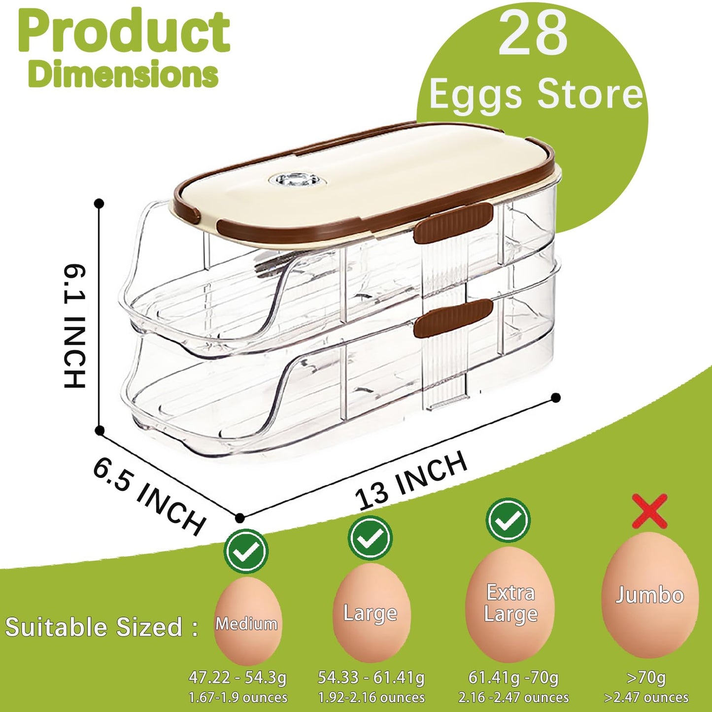 Egg Holder for Fridge with Lid and Handle, Automatic Rolling Egg Container for Refrigerator, Stackable Egg Organizer for Refrigerator, Countertop, Kitchen & Outdoor Use,Pantry Storage, Timed Freshness