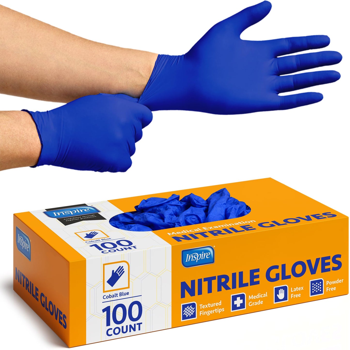 Inspire Cobalt Blue Nitrile Disposable Gloves | 4.5 Nitrile Safety Medical Exam Cooking Cleaning Disposable Gloves (Blue - Box of 100, XL)