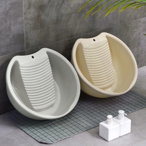 Washboard 𝘽𝙖𝙨𝙞𝙣 for Hand Washing Clothes, Plastic Washtub with Built-in Washboard, Non-Slip Design for Delicate Laundry, Ideal for Home, Dorm, Camping & Travel Use (Grey)