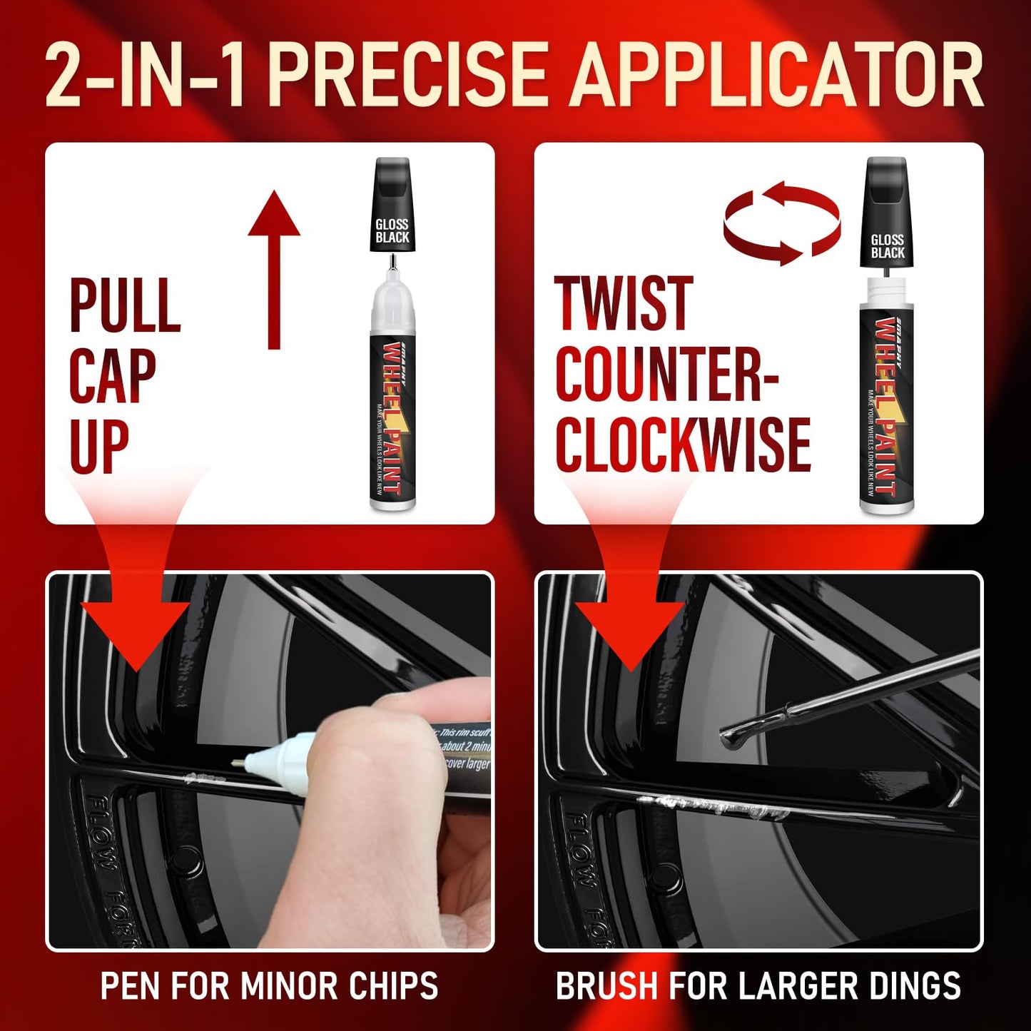 Gloss Black Rim Touch Up Paint, Rim Paint for Curb Rash & Scratch, Car Wheel Scratch Repair Kit for Alloy, Enamel, Metal, Universal Black Automotive Touch Up Paint Pen (1 fl oz)
