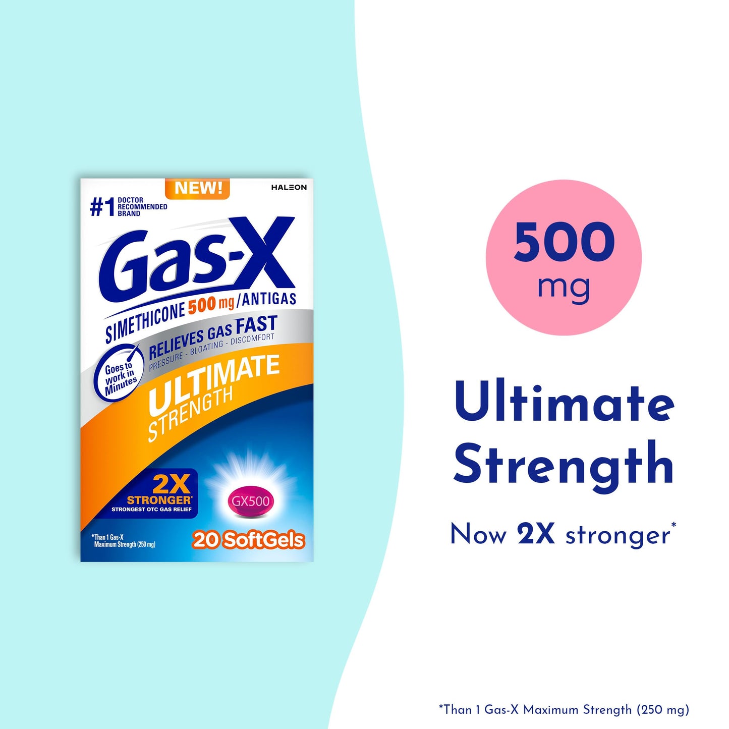 Gas-X Ultimate Strength Gas Relief Softgels with Simethicone 500 mg, Fast Bloating Relief, Anti-Gas, OTC Stomach & Intestinal Gas, Easy to Swallow, 20 Count