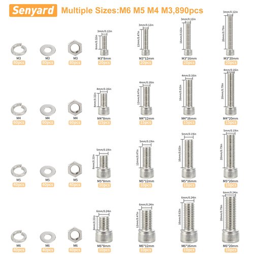 890pcs M6 M5 M4 M3 Metric Screw Assortment,Metric Bolts and Nuts Kit（with Lock&Flat washers・Wrenches） Socket Head Cap Screws 304 Stainless Steel Hex Head Metric Screws Assortment Set with Case