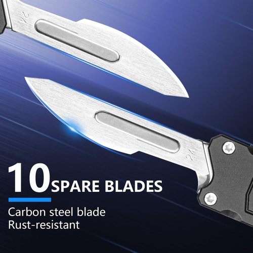 Scalpel Knife, Aluminium Alloy Box Cutter Retractable with Clip, Utility Knife with With 10pcs Carbon Steel Replacement Blades #24 (Black)