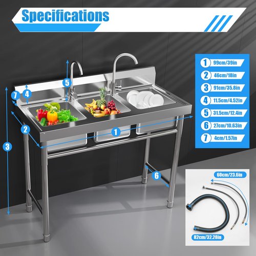 39x18x36" 3-Compartment Commercial Sink - 304 Stainless Steel Freestanding Triple Bowl w/Hot & Cold Faucets for Restaurant/Bar/Food Truck (Indoor/Outdoor, US Stock)
