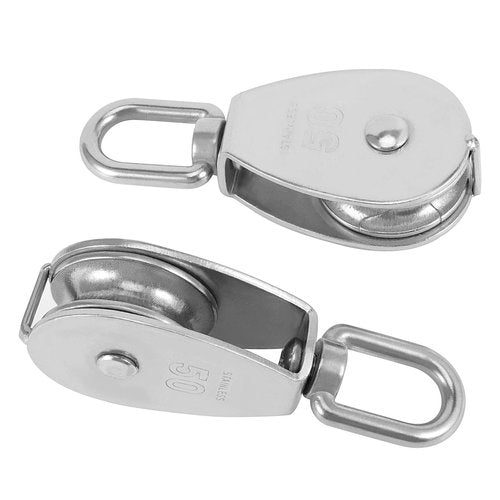ZOENHOU 4 PCS M50 Loading 881Lbs / 400Kg Single Pulley Block, 304 Stainless Steel Single Pulley Roller with Rotatable 360°Pulley and Rings, Heavy Duty and Smooth Rope Pulley Block for Rope Lifting