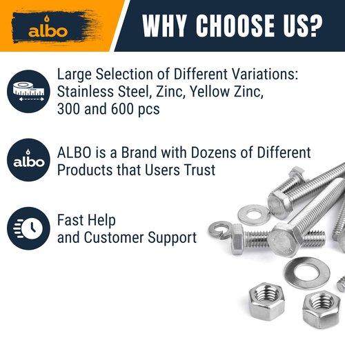 ALBO 300 pcs Hex Head Bolts and Nuts Grade 5 Zinc Plated 1/4-20, 5/16-18, 3/8-16 Nut and Bolt Set with Flat and Spring Washers in Case