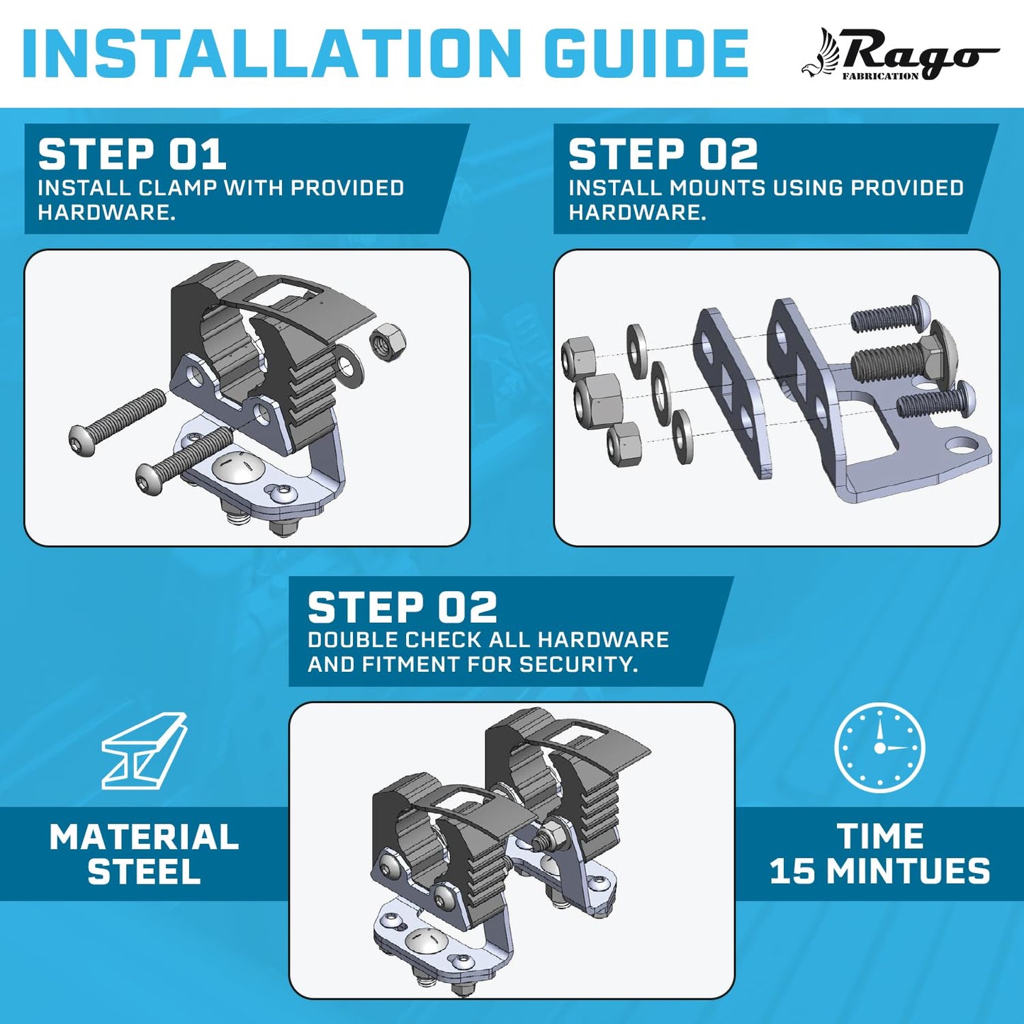 Rago Fabrication Molle Panel Mounts with Quick Fist Clamps for Shovels and Axes - CNC Cut Aluminum Mounting Brackets for Truck Beds - Made in USA