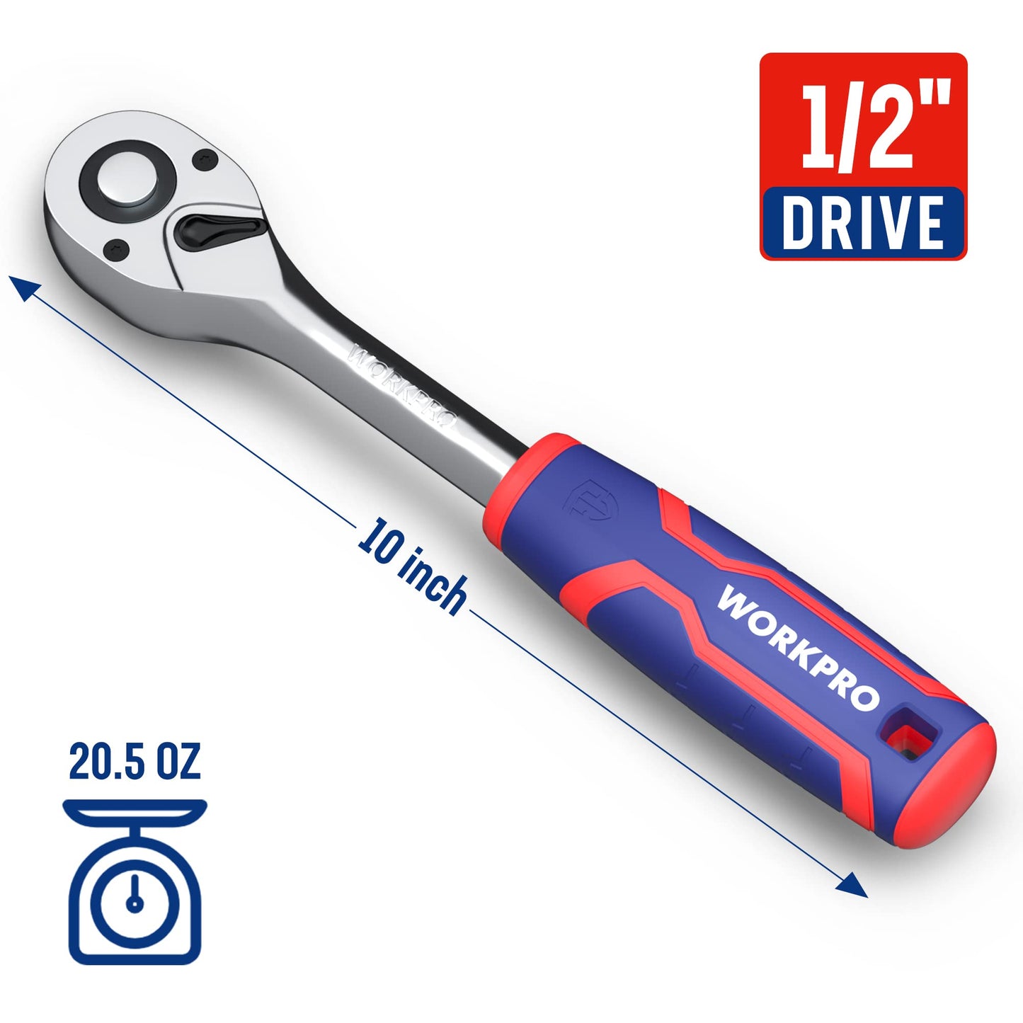 WORKPRO 1/2-Inch Drive Ratchet Wrench, 72-Tooth Reversible Ratchet, Quick-Release 1/2 Drive Ratchet Handle, CR-MO Head, Chrome Plated Finish