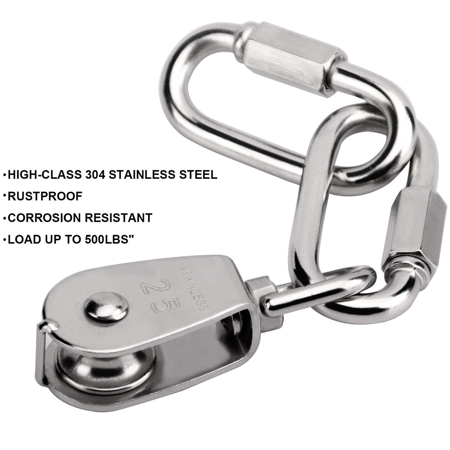 ZOENHOU 4 Pack 25MM Single Pulley Block Set with 6 Quick Links, M25 Stainless Steel Snatch Block System, Wire Rope Hanging Wire Towing Wheel for Lifting Cable, Loading 500Lbs