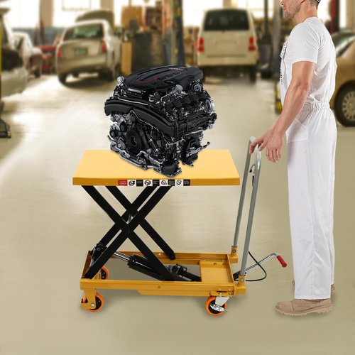 226.8 kg/500 lbs Hydraulic Lift Cart Single Scissor Hydraulic Lift Freestanding Table Top Hydraulic Lift with Rack Handle and Universal Wheels for Material Handling Freestanding Mounting