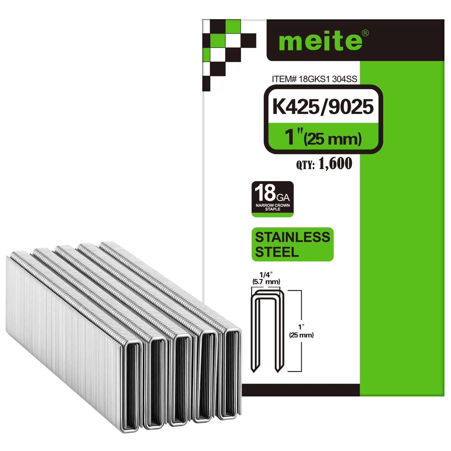 meite 18 Gauge 1/4-Inch Narrow Crown Staples, 1" Length 304 Stainless Steel Staples for Heavy Duty and Upholstery (1,600 Counts)