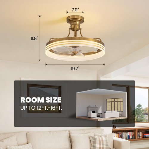 MOOONICHE 20inch Ceiling Fan With Light Gold Flush Mount Fandelier with Remote Control Modern LED Ceiling Fan 6 Wind Speeds Fandelier for Bedroom Living Room Kitchen