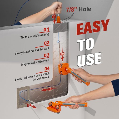 Magnetic Wire Puller for Electrical Wiring – Rare-Earth Magnets, Stainless-Steel Leader for Easy Cable Pulling in Walls & Tight Spaces, Doubles as Stud Finder, Includes High-Quality Hard Plastic Case