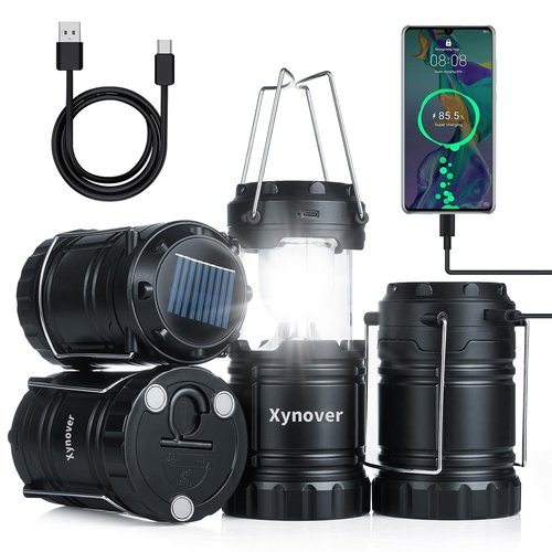 Xynover 4-Pack Solar Camping Lanterns - Rechargeable LED with USB/Solar/AA Battery | Magnetic Base & Hanging Hook | Collapsible, Waterproof for Emergency, Hiking, Power Outages