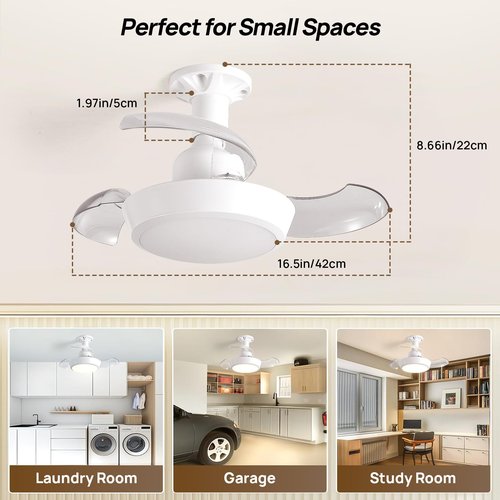 JOISTOON Socket Fan Light with Remote, Retractable Ceiling Fan Light with E27 Socket, Ultra-Quiet DC Motor, Dimmable LED for Small Spaces - Workshop, Garage, Bedroom (Flush Mount, No Visible Blades)