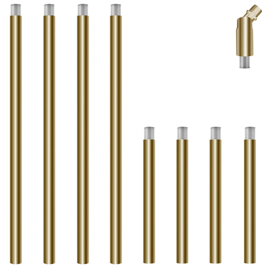 8 Pieces M10 Threaded Extension Poles Lighting Fixture Downrods Stems & 180 Degrees Sloped Ceiling Adapter Kits for Pendant Light, Island Lighting, Chandeliers (Brass)