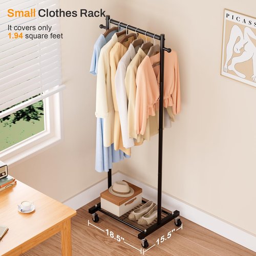MISSLO Small Clothes Racks for Hanging Clothes Clothing Rack with Wheels 60" Metal Garment Rack with Shelves Portable Rolling Wardrobe Rack for Small Space, Black