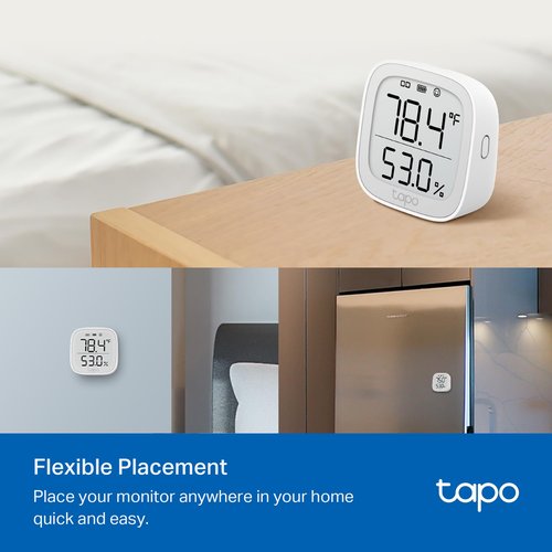 TP-Link Tapo Smart Temperature and Humidity Monitor, 2.7" E-Ink Display, Swiss-Made Sensor, Real-Time Notification, Visual Graphics, Requires Tapo Hub, White, T315