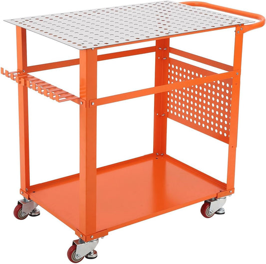 TrailBlaze 36'' x 24'' Welding Table with Wheels, 600 LBS Portable Welding Fixture Table with Handle & Storage Board, 5/8-inch Fixture Holes Tool Slots, Movable Steel Welding Workbench Table for Shop