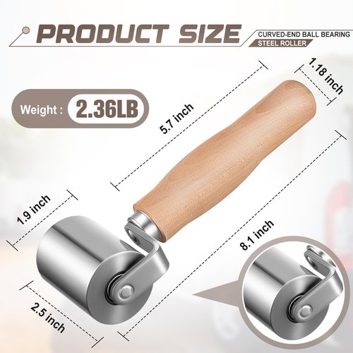 Otoolling 2-1/2" Curved End Ball Bearing Steel Roller Heavy Duty Sealant Steel Seam Roller with Wood Handle for Rv Roof Repair