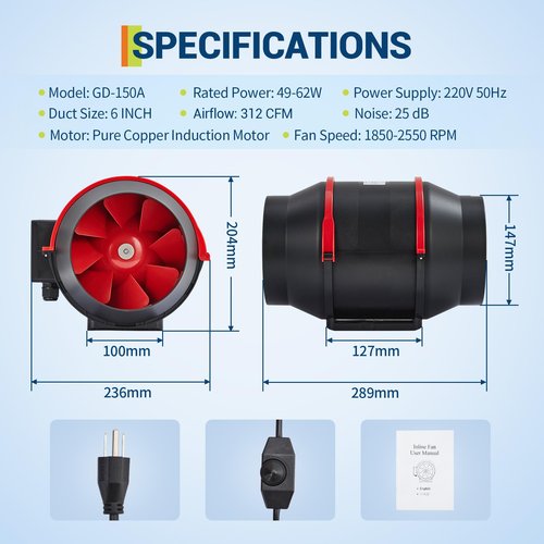 Kiarixo 6 Inch Inline Duct Fan, 312 CFM High Airflow with Variable Speed Controller, 25dB Ultra-Quiet, Metal HVAC Exhaust Fan for Home Ventilation, Hydroponics Cooling, Grow Tents