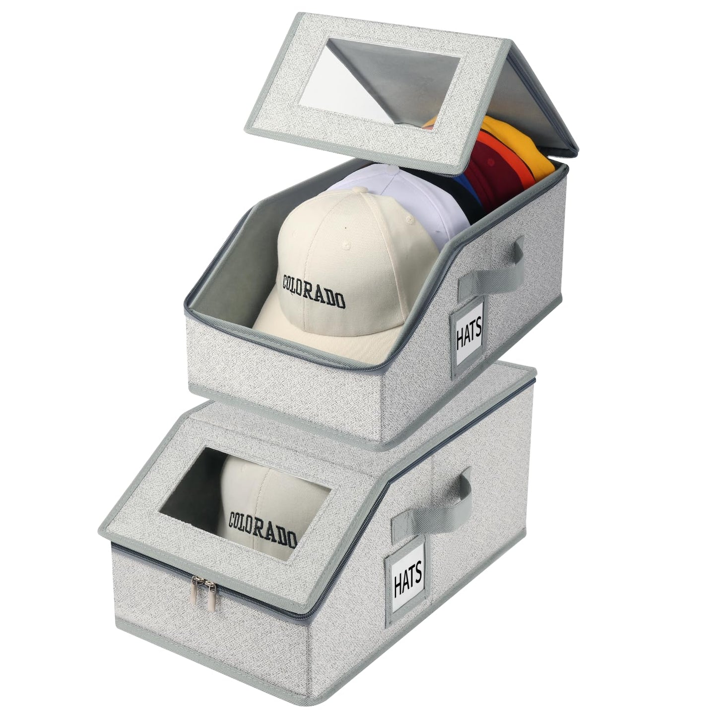 LUMESIX 2 PCS Hat Organizer for Baseball Caps Stackable HatBox Hat Rack Hold Up to 24 Caps Hat Storage for Closet with Clear Window Space-Saving Fabric Hat Holder