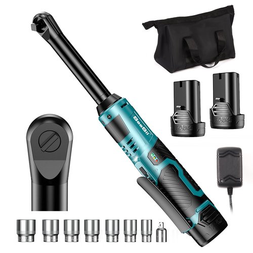 Seesii 3/8" Extended Cordless Electric Ratchet Wrench, 40 Ft-lbs, 6" Long Neck, Quick Release, 220RPM, 2.0Ah Battery & Fast Charger, 7 Sockets, for Car, DIY, Mechanic Repairs