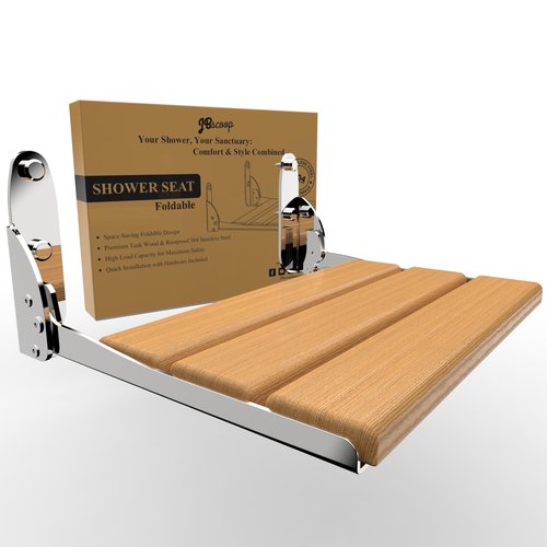 JBscoop Folding Shower Seat, Teak Wood & 304 Stainless Steel Wall-Mounted Bench, 440 lb Capacity, Waterproof & Rustproof, Space-Saving Foldable Design – 18 Inch for Bathroom or Spa