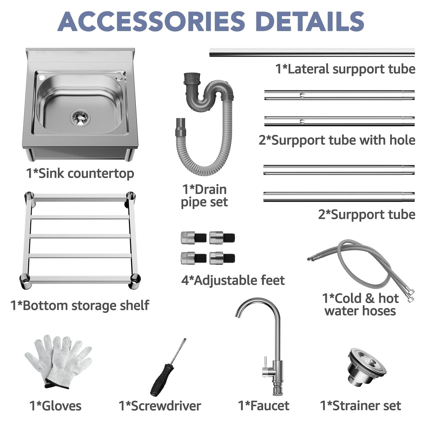 Percince Stainless Steel Utility Sink - 22in, Freestanding Single Bowl Laundry Sink with Cabinet and Cold/Hot Water Pipe, Utility Sink for Laundry Room, Garage Indoor and Outdoor (22inch)