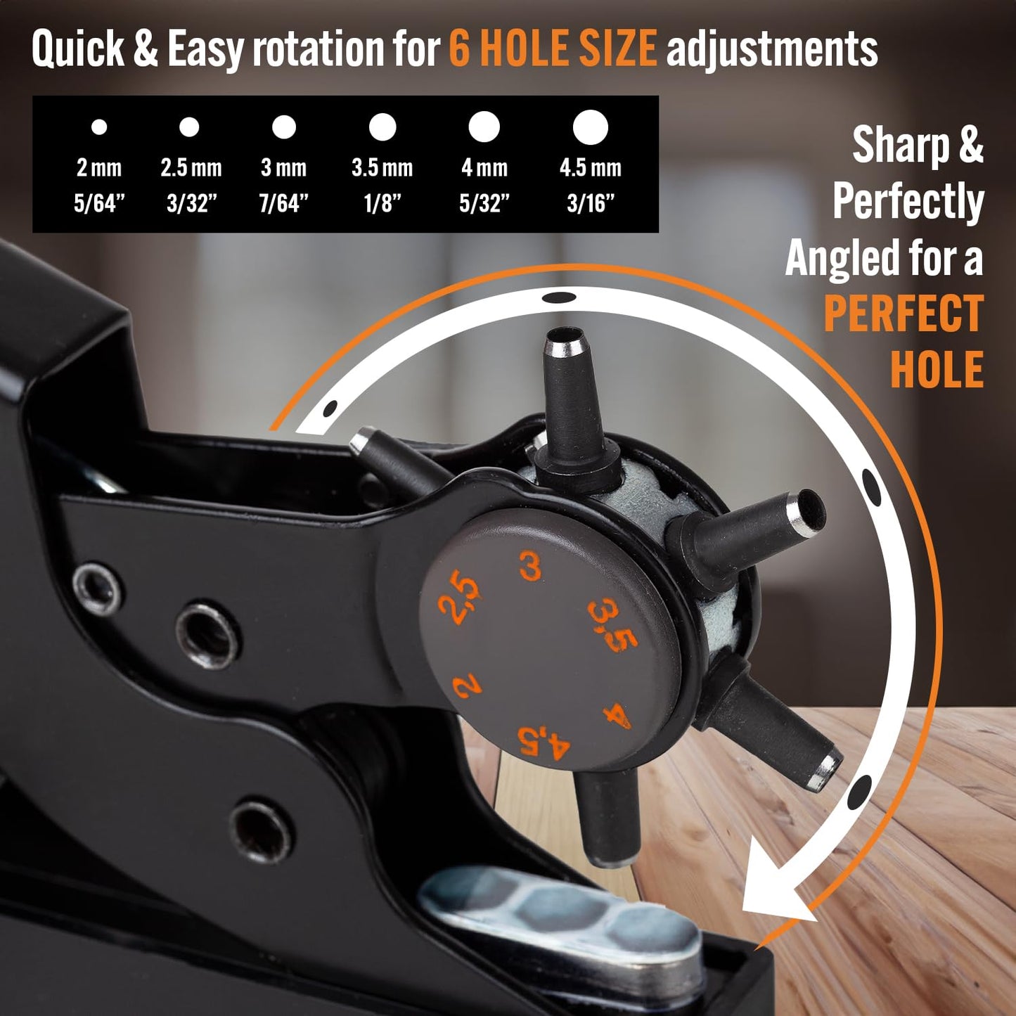 Pro-Master Desktop Leather Hole Puncher - Belt Hole Puncher for Leather with Tabletop Base - One Hand Use, Heavy Duty Carbon Steel, 6 Rotary Sizes 2-4.5mm for Watch Band, Shoes, Bag Strap & Crafts
