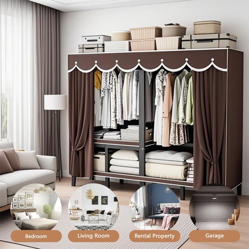YDEHUEAD 59in/4.9ft Foldable Portable Wardrobe Closet with Cover, Heavy Duty Clothing Rack for Hanging Clothes has 59in Vertical Storage Space, Metal Garment Rack for Bedroom Armoire (g, L:59.05")