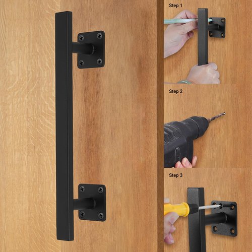 Purife 12'' Black Square Heavy Duty Metal Barn Door Handles and Pulls Pack of 2, Outdoor Fence Shed Gate Handle, Rustic Farm Garage Door Handles, Interior Closet Door Pulls