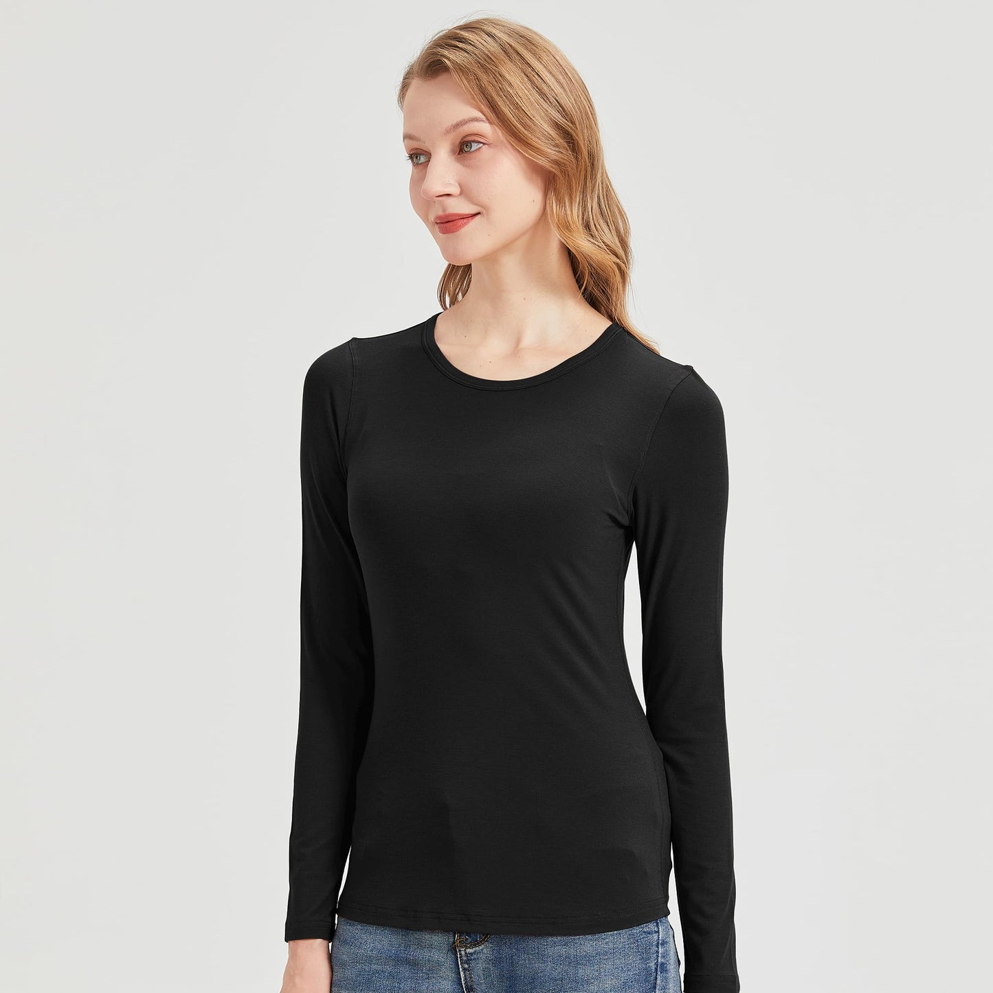 netdraw Women's Buttery Soft Ribbed Bamboo Viscose Long Sleeve T-Shirt Crew Neck Casual Tops Slim Fitted Thermal Undershirt, Black, Medium