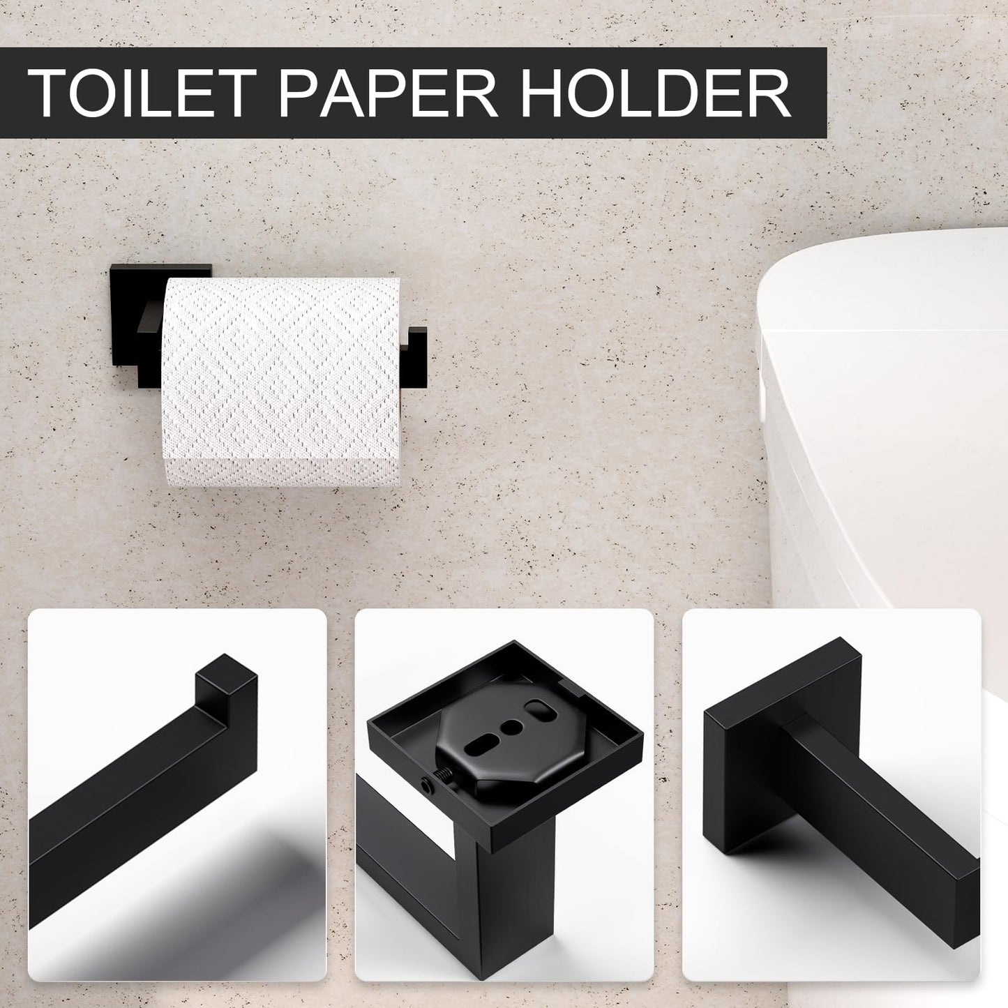 HAWKROWN 5-Piece Matte Black Bathroom Accessories Set, SUS304 Stainless Steel Wall Mounted 16 Inch Hand Towel Bar, Toilet Paper Holder, Towel Ring, Towel Hooks, Bathroom Hardware Set, Towel Bar Set