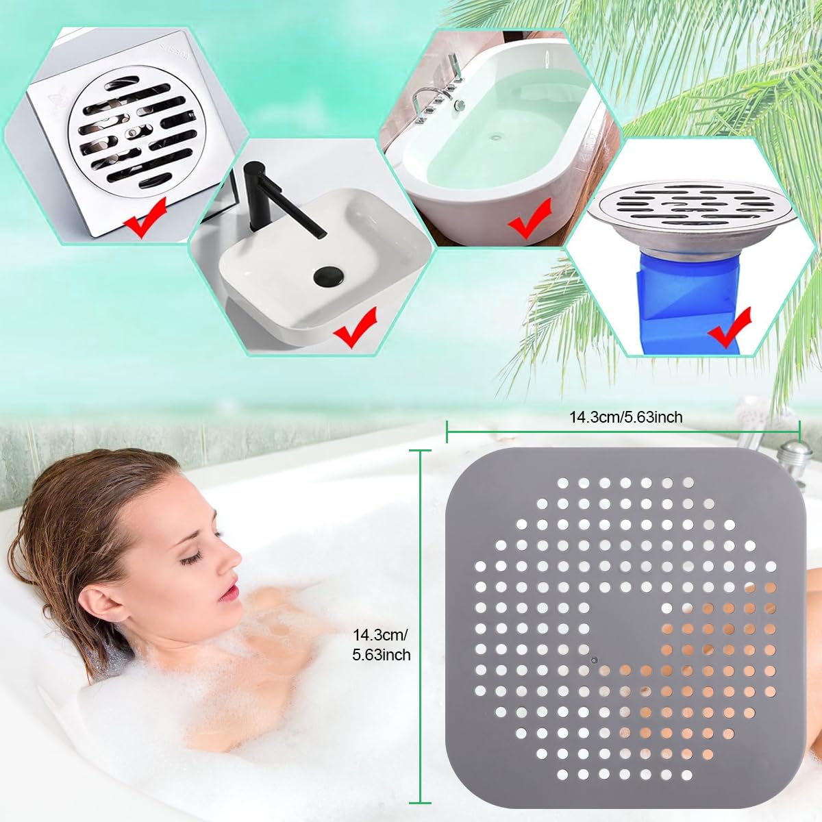 3 Pack Hair Catcher Drain Cover with 4 Suction Cups, 5.7x5.7 Inch TPR Square Sink Strainer for Bathroom, Kitchen, Shower & Tub, Durable, Easy to Clean, Grey