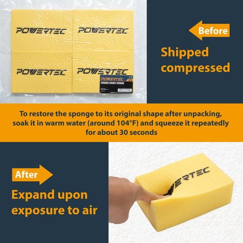 POWERTEC Large Square Grout Sponge – Professional Tile Grout Removal Cleaning Sponge – Heavy-Duty Absorbent Sponges, Multi-Purpose Cleaning Tool for Floors, Kitchen, and Bathroom – 4PK (72106)