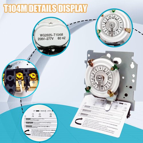 T104M Pool Pump Timer, 208-277V 40A DPST Switch, 24-Hour Mechanical Scheduling, 12 Cycle ON/Off Operations, Manual Override Outdoor Pool Timer for Pump, Reliable Control for Various Loads