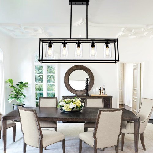 HCCZ 5 Light Dining Room Light Fixture Matte Black Farmhouse Chandelier Over Table Rectangular Kitchen Pendant Lighting Rectangle Modern Industrial Living Room Hanging Lights Adjustable Height