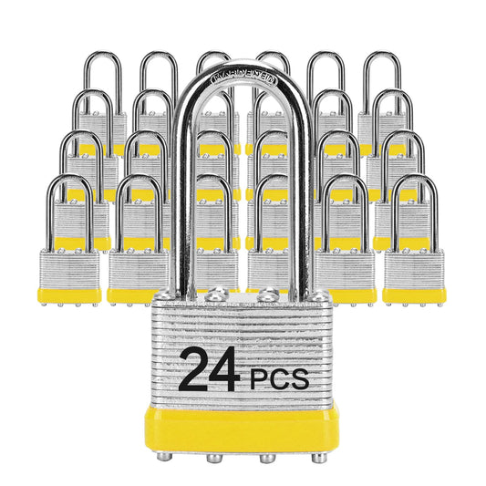 Padlocks with Same Key, LQYN 24 Pcs Laminated Keyed Padlock (1-9/16", 40mm), Keyed Alike Locks, Long Shackle, for Storage Locker, Hasp Latch, Toolbox, Sheds