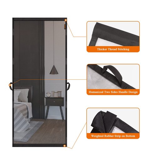 MAGZO Hanging Screen Door, Fits Door Size 36" x 80" (Curtain Size 38'' x 81''), Upgraded Fiberglass Mesh Net with Tension Rod&Hook&Loop (One Piece Can be Installed in 2 Ways), Weighted Bottom, Grey
