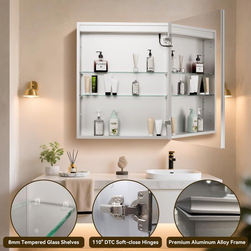 pidock Bathroom Medicine Cabinet Mirror 24"x30", Dimmable Aluminum LED Mirror Cabinet with Anti-Fog, Soft-Close Hinges, Adjustable Glass Shelves, Touch Sensor, High CRI Lighting,Single Door Right