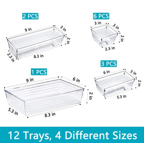 12 PCS Clear Plastic Drawer Organizer Set, 4 Sizes Makeup organizer, Vanity Organizer for Makeup, Stationery,Gadgets,Kitchen,Bathroom,Office,Bedroom